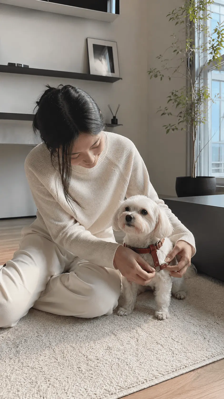 Creator styling a small dog indoors for a premium pet short-form social card